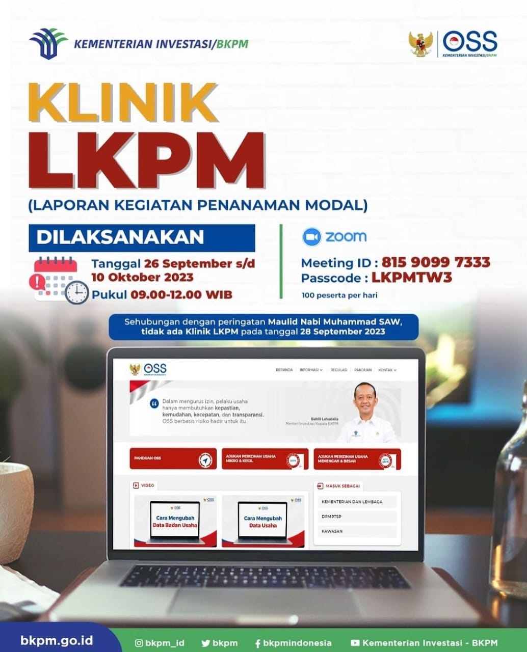 Kementerian Investasi/BKPM kembali membuka layanan konsultasi virtual (Klinik LKPM) melalui Zoom Meeting